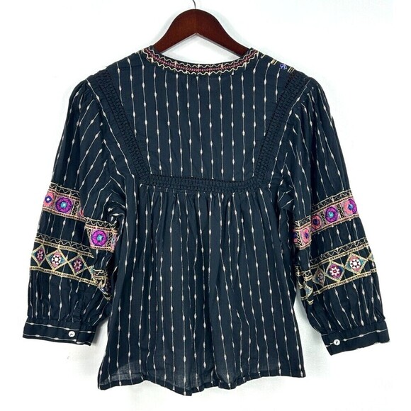 Ultra Pink Women L Top Black Gold Embroider Puff Sleeve Tassel Boho Festival N1 - Picture 7 of 12